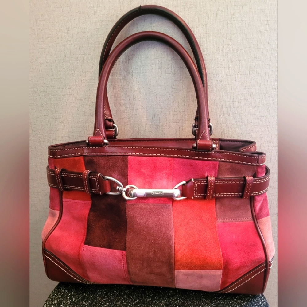 Coach Burgandy Suede and Leather Patchwork Satchel. Various shades of Reds.EUC